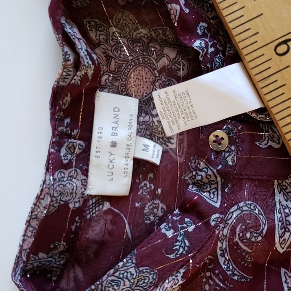 Lucky Brand India Print Boho Top M/L Burgundy Silver - Picture 5 of 5